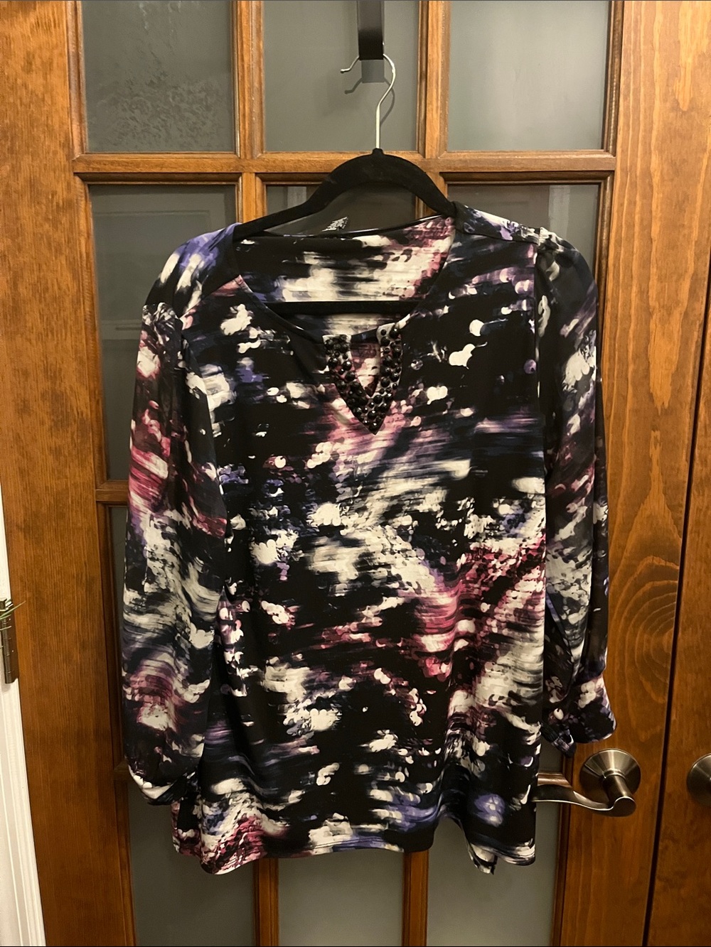 Alfani Black Abstract Brushstroke Tunic with Purple & White Accents